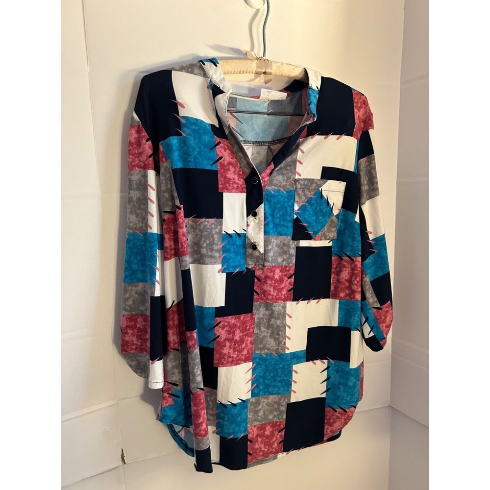 Ma-Ryś Catherine Women’s Blouse Top 46 XL Multicolor Patchwork Print Button Fron